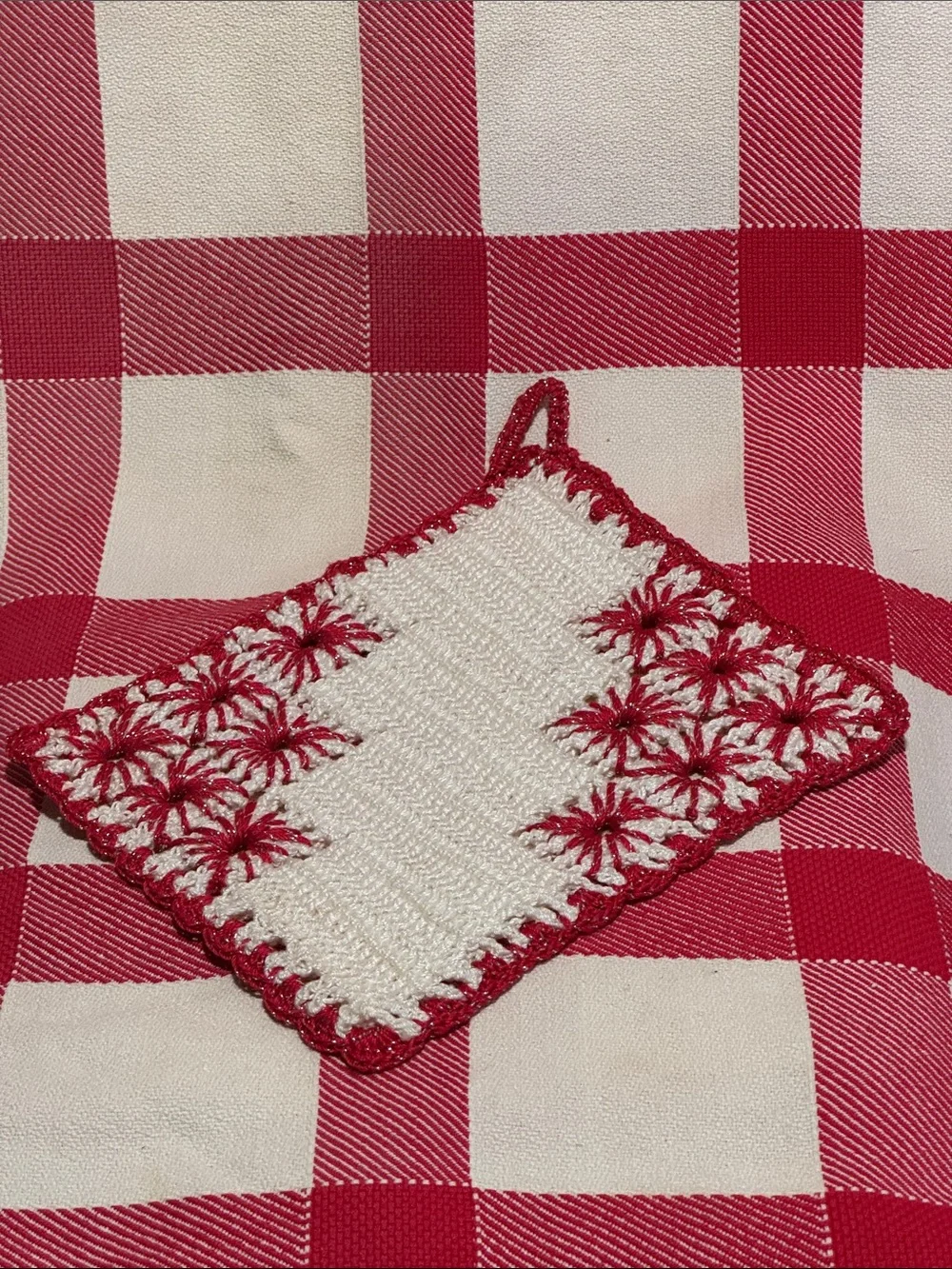 Handmade Cream and Red Crochet Pot Holder